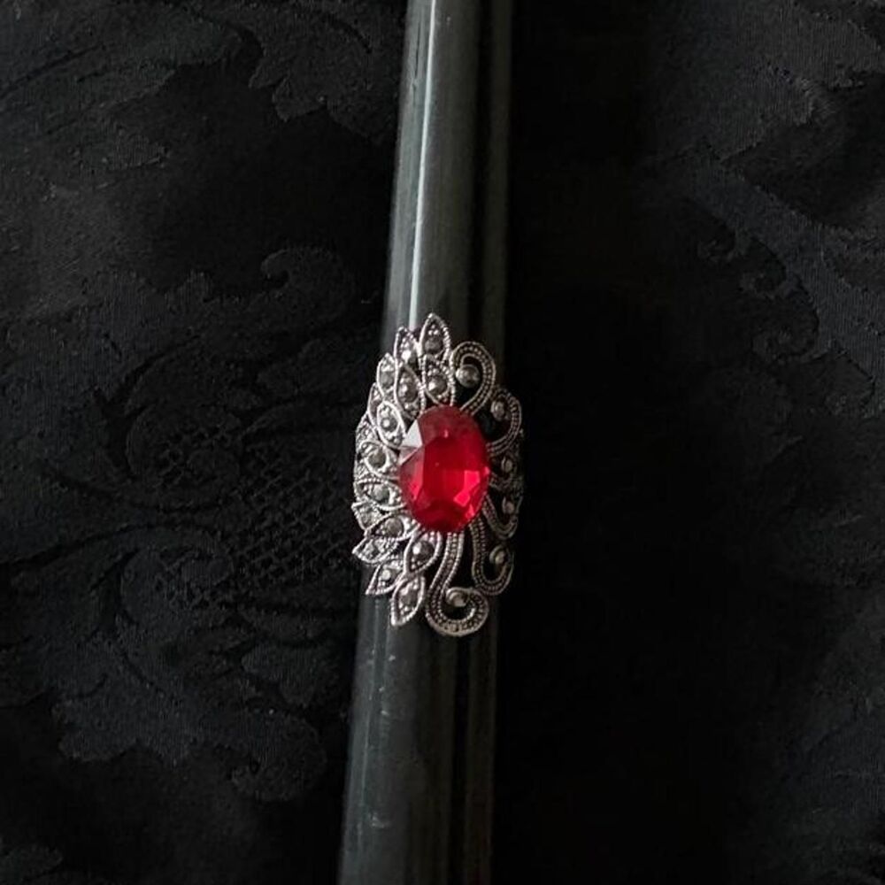 Silver and Red Gothic Costume Ring